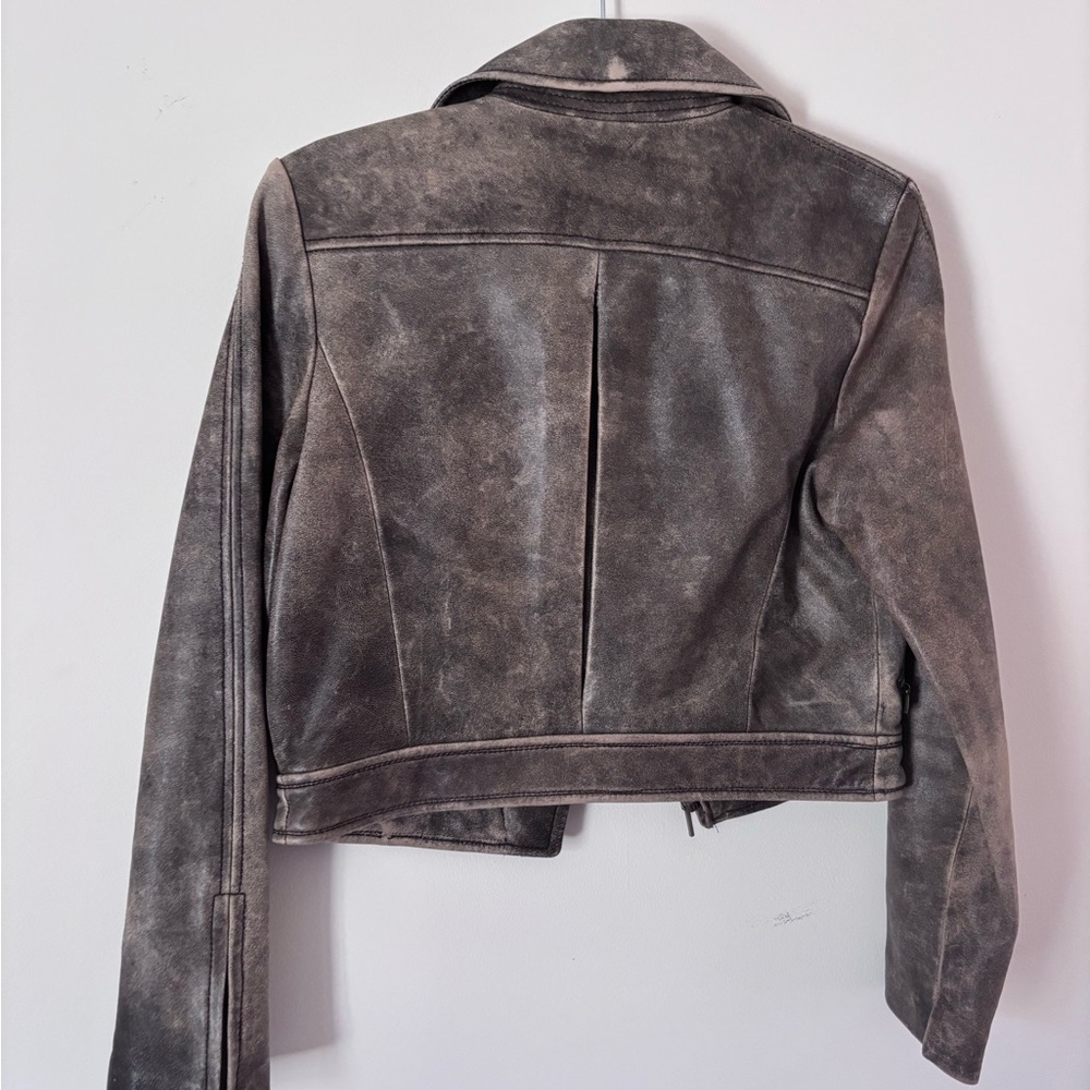 Kenneth Cole Distressed Taupe Gray leather Moto Jacket - Picture 5 of 6
